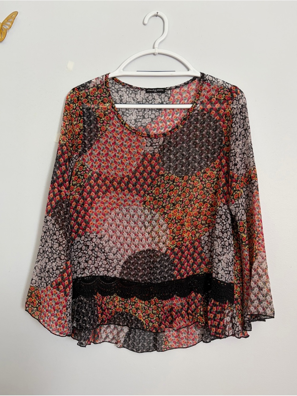 Chacha Vente Multicolor Floral Sheer Patchwork Print Blouse Sz Mp